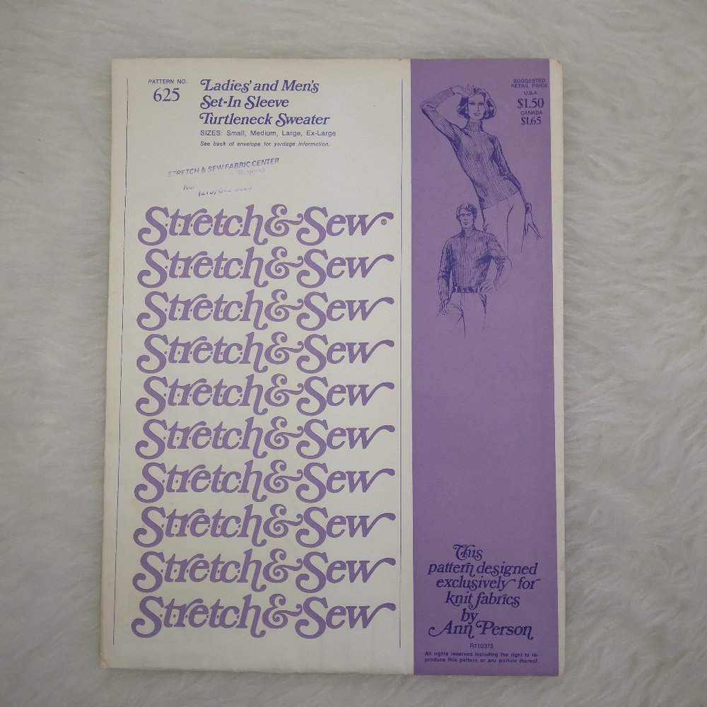 STRETCH & SEW 625 Sz S-XL Ladies' & Men's Set In Sleeve Turtleneck Sweater